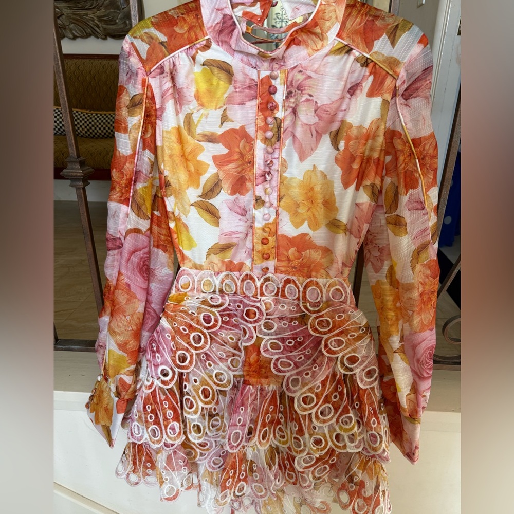 Floral Tiered Ruffle Dress in Pink, Orange & Yellow